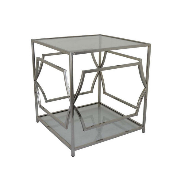 Mivi 24 Inch Plant Stand Table, Square, Pattern Base, Glass, Metal, Silver  - BM310074