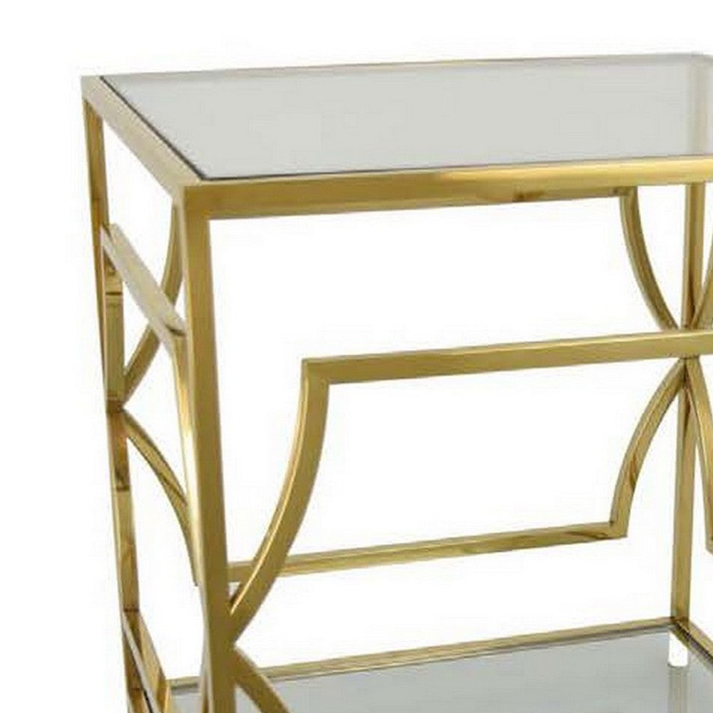 Mivi 24 Inch Plant Stand Table, Square, Pattern Base, Glass, Metal, Gold - BM310075