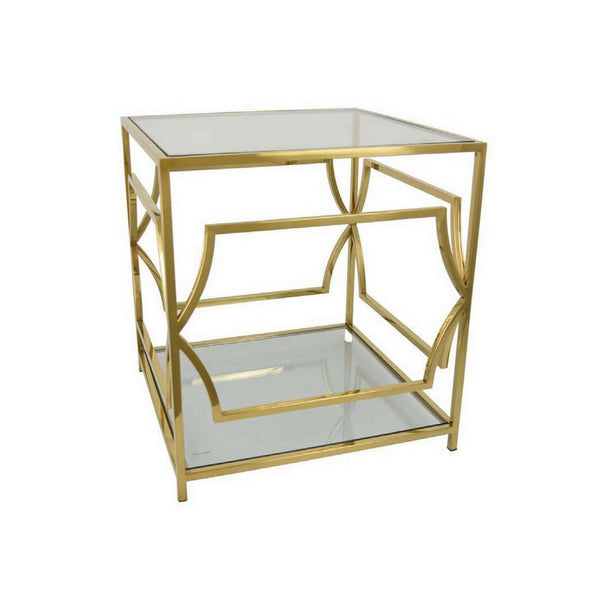 Mivi 24 Inch Plant Stand Table, Square, Pattern Base, Glass, Metal, Gold - BM310075