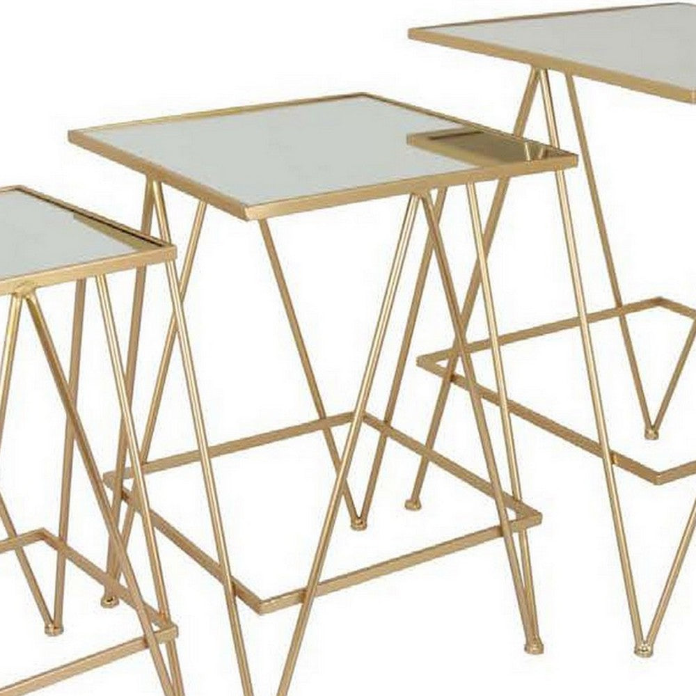 25 Inch Plant Stand Table Set of 3, Square, Metal, Mirror, Gold Finish - BM310088
