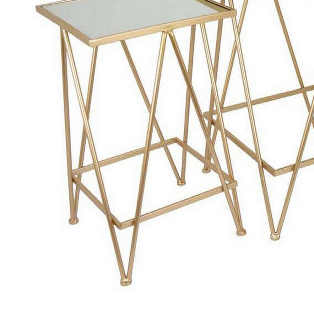 25 Inch Plant Stand Table Set of 3, Square, Metal, Mirror, Gold Finish - BM310088