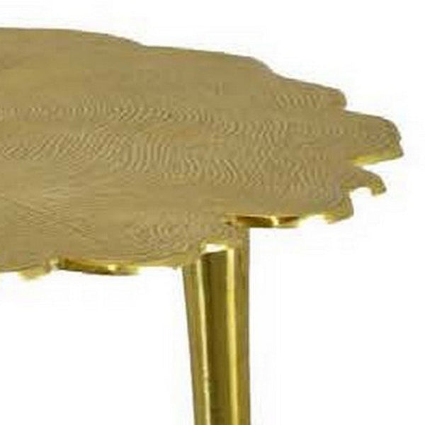 Elni 24 Inch Plant Stand Table, Lily Pad Carved Top, Metal, Gold - BM310100