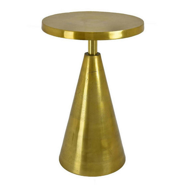Riot 21 Inch Plant Stand Table, Round Top, Triangle Pedestal, Metal, Gold - BM310105