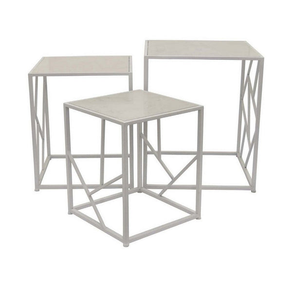 Laury 24 Inch Plant Stand Table Set of 3, Square, Metal, White Finish - BM310111