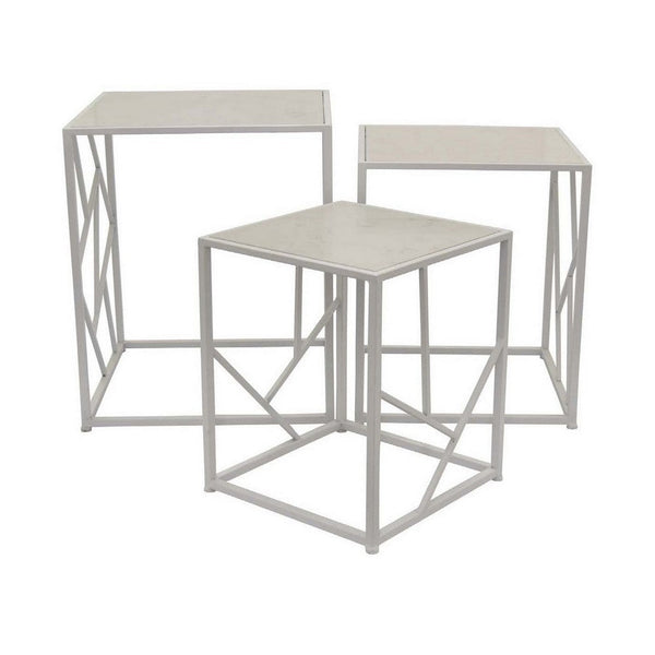 Laury 24 Inch Plant Stand Table Set of 3, Square, Metal, White Finish - BM310111