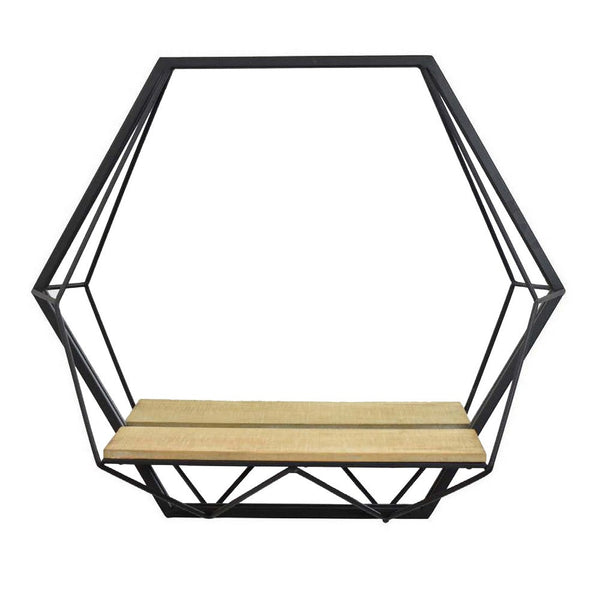24 Inch Wall Mirror with Shelf, Hexagon Shaped, Metal, Black Finish - BM310118