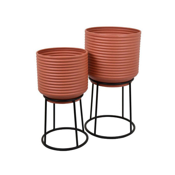 24 Inch Metal Planters with Stand, Set of 2, Terracotta and Black - BM310120