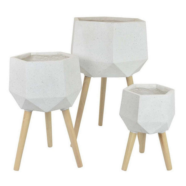 26 Inch Planter with Stand Set of 3, Wood Tripod Legs, Resin, White, Brown - BM310123