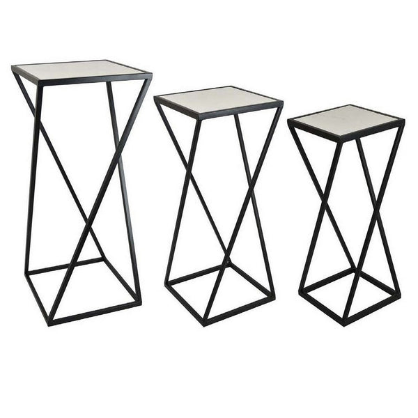 28 Inch Plant Stand Table Set of 3, Square, X Crossed Base, Metal, Black - BM310129