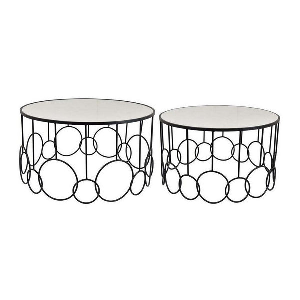 31 Inch Plant Stand Table Set of 2, Round Top, Pattern Base, Metal, Black  - BM310130