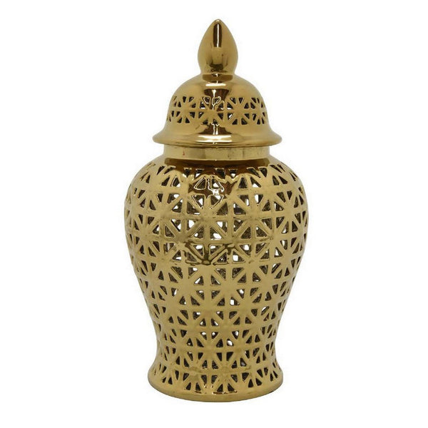 20 Inch Temple Jar, Pierced Details, Dome Lid, Ceramic, Gold Finish - BM310131