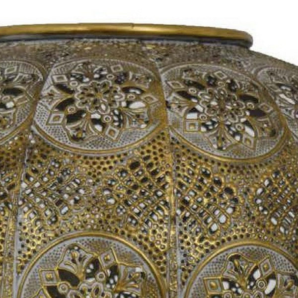 16 Inch Lantern, Standing, Decorative Pierced Floral Patterns, Round, Gold - BM310146