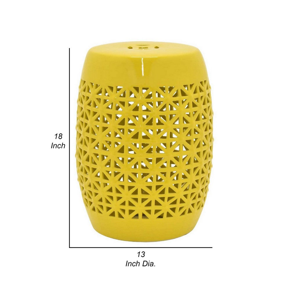 Vol 18 Inch Plant Stand Table Stool, Cut Out Details, Drum Shape, Yellow - BM310153
