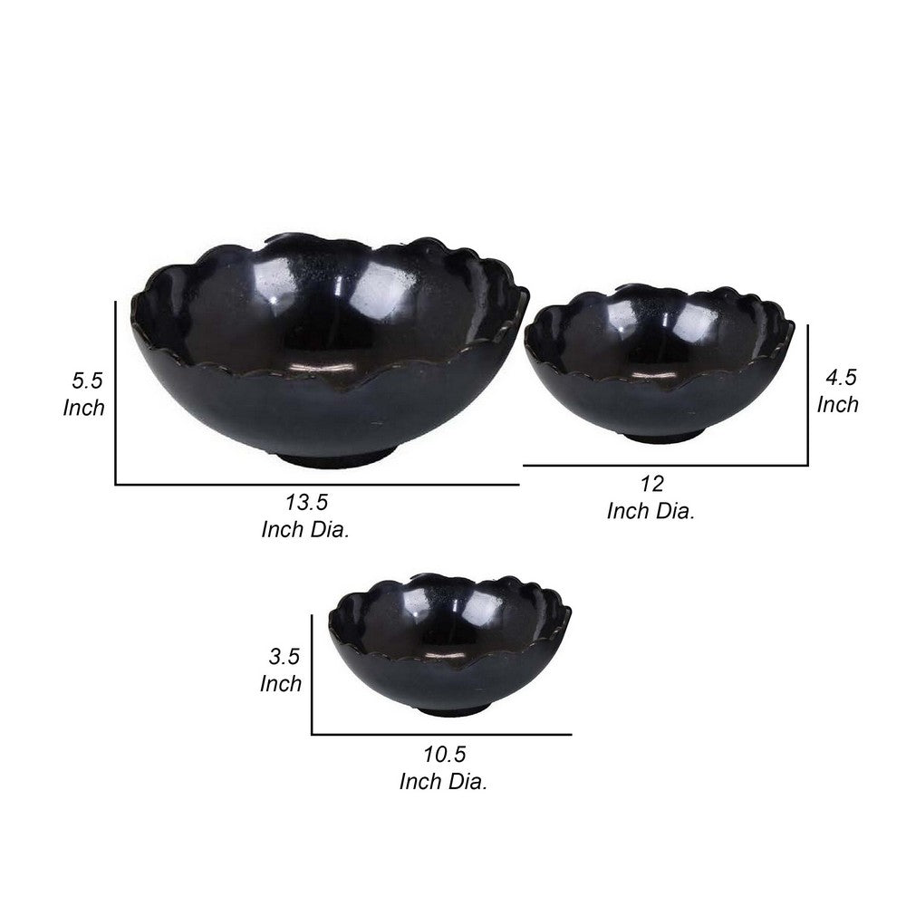 Bonz Set of 3 Bowls, Unique Top Shape, Round Base, Black Metal Finish - BM310159