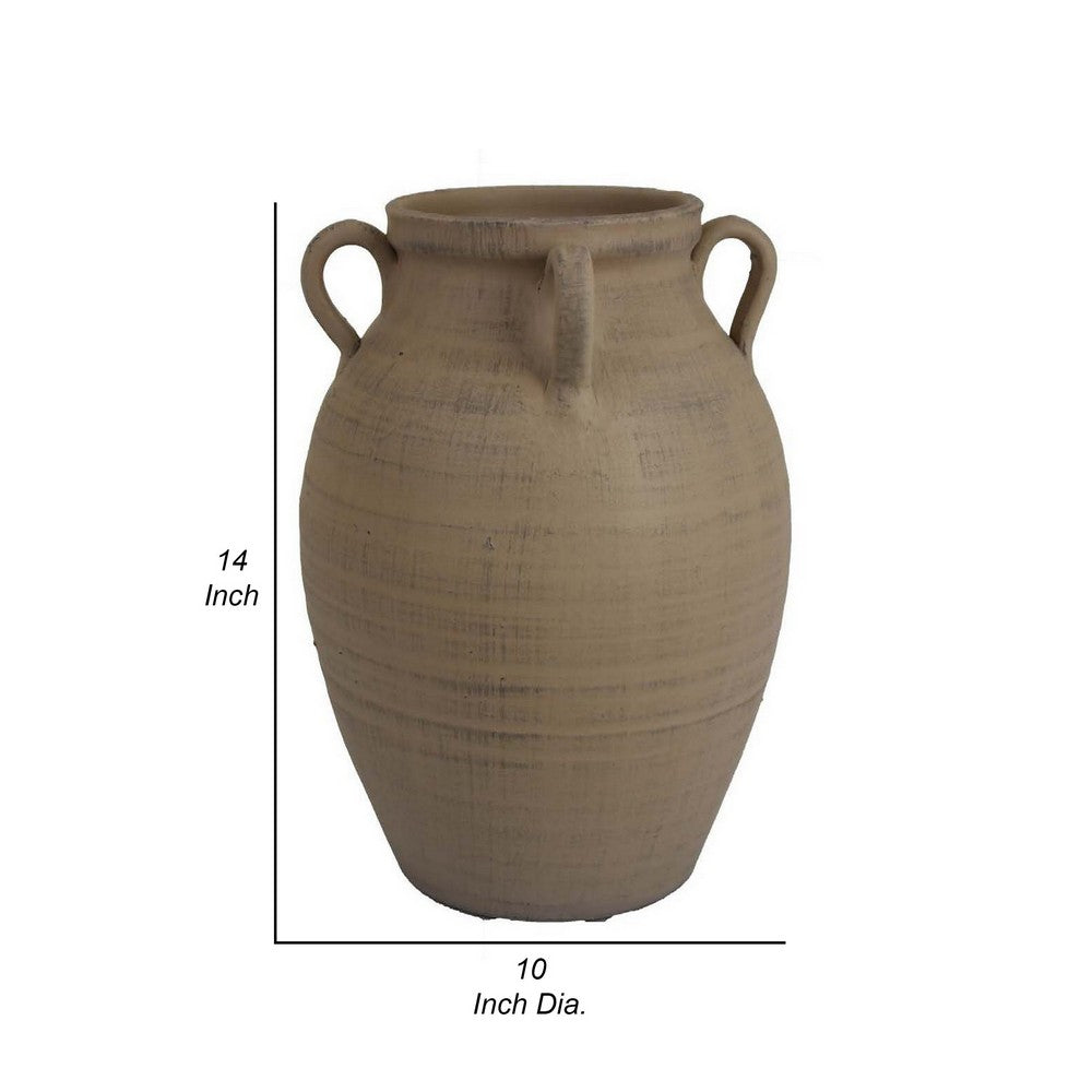Fely 14 Inch Vase, Premitive Urn with 3 Handles, Brown, Transitional Style - BM310165