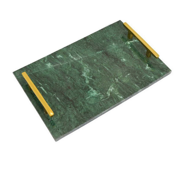 Entro Tray Set of 2, Rectangular Shape, 2 Gold Handles, Green Finish Marble - BM310174