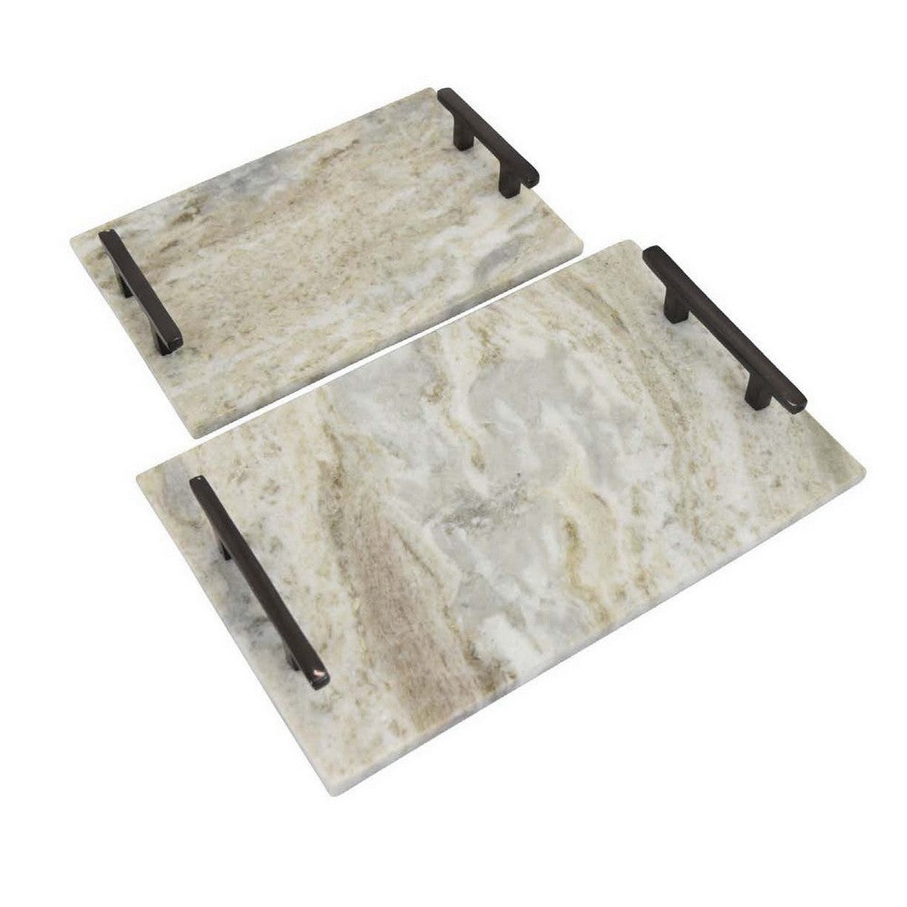 Entro Tray Set of 2, Rectangular Shape, 2 Gold Handles, White Finish Marble - BM310175