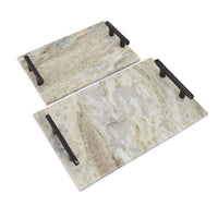 Entro Tray Set of 2, Rectangular Shape, 2 Gold Handles, White Finish Marble - BM310175