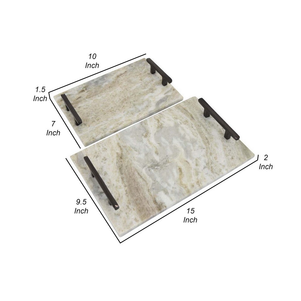 Entro Tray Set of 2, Rectangular Shape, 2 Gold Handles, White Finish Marble - BM310175