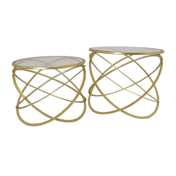 20 Inch Plant Stand Tables Set of 2, Glass Top, Metal Geometric Frame, Gold - BM310185