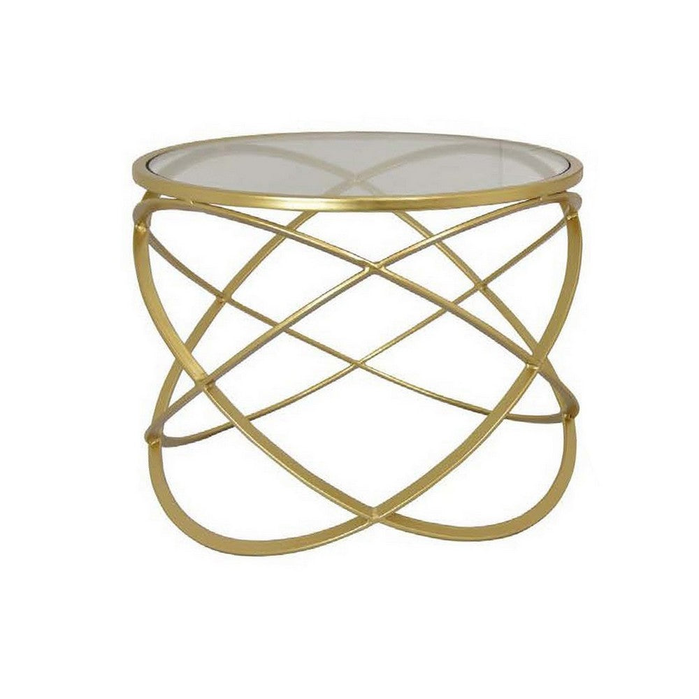 20 Inch Plant Stand Tables Set of 2, Glass Top, Metal Geometric Frame, Gold - BM310185