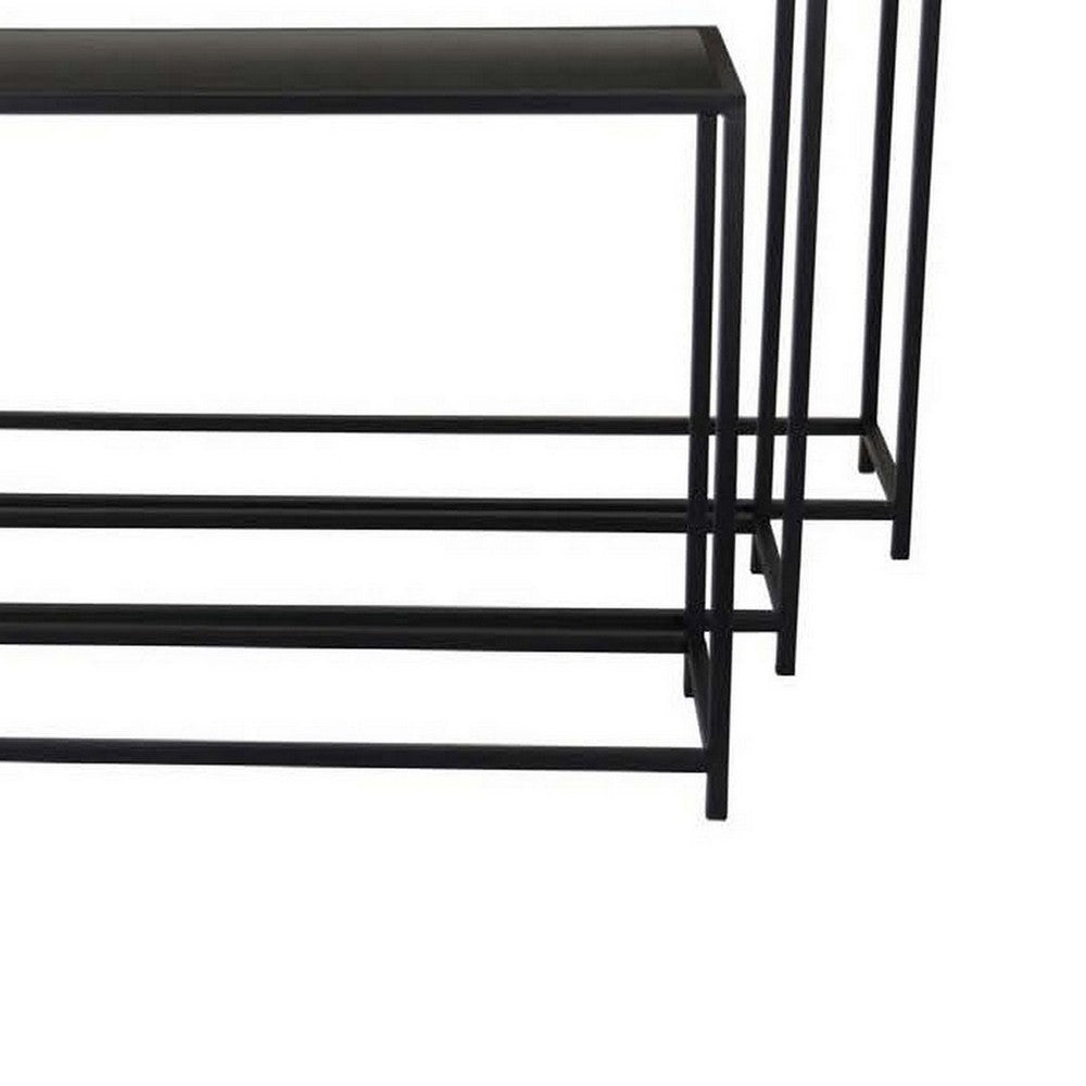Set of 3 Plant Stand Tables, Rectangular Wood Top, Metal Open Frame, Black - BM310188
