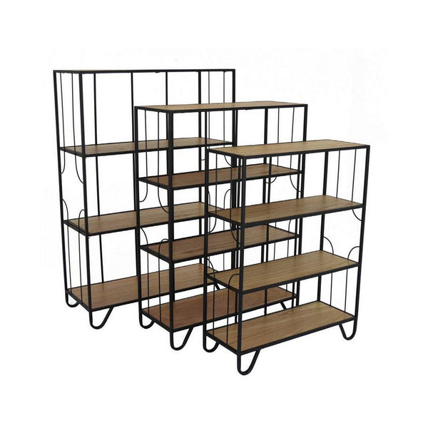Set of 3 Plant Stand Tables, 12 Storage Shelves, Black Frame, Brown Wood - BM310189