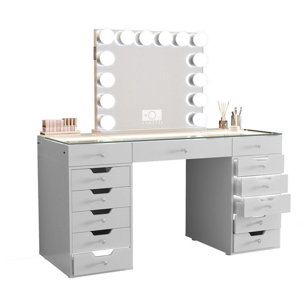 Niki 60 Inch Vanity Desk, 13 Drawers, USB Port, Glass Tabletop, White - BM311018