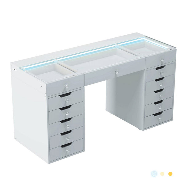 Niki 60 Inch Vanity Desk, 13 Drawers, USB Port, Glass Tabletop, White - BM311018
