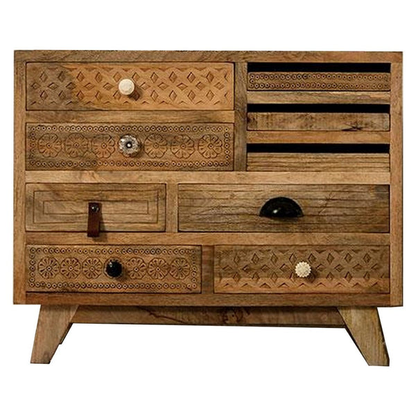 Blan 32 Inch Dresser Chest, 9 Drawer, Hand Carved, Natural Mango Wood - BM311032