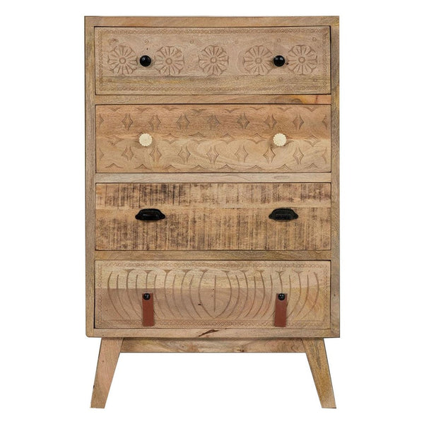 Blan 43 Inch Tall Dresser Chest, 4 Drawer, Hand Carved, Brown Mango Wood - BM311033