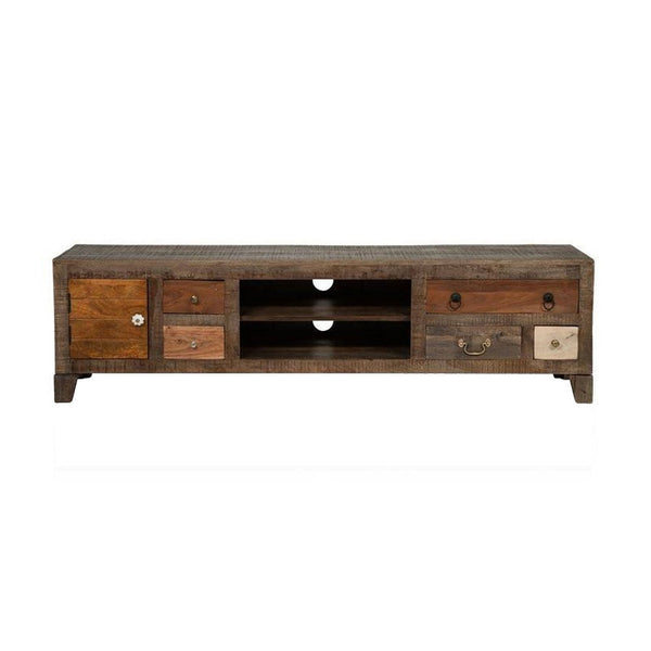 Saon 72 Inch TV Media Console, 5 Drawer, Door, Natural Brown Solid Wood - BM311041