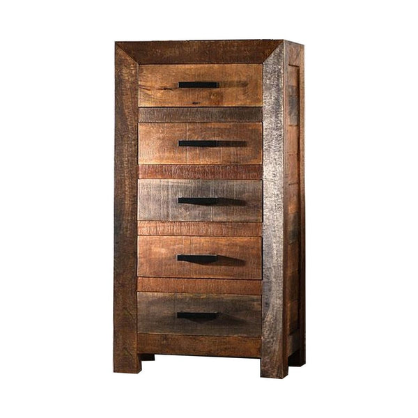 Agon 45 Tall Dresser Chest, 5 Drawers, Mango Wood, Natural Brown Finish - BM311044
