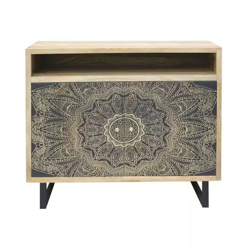 Olan 34 Inch Side Cabinet, 2 Door, Shelf, Screen Print, Solid Wood, Natural - BM311062