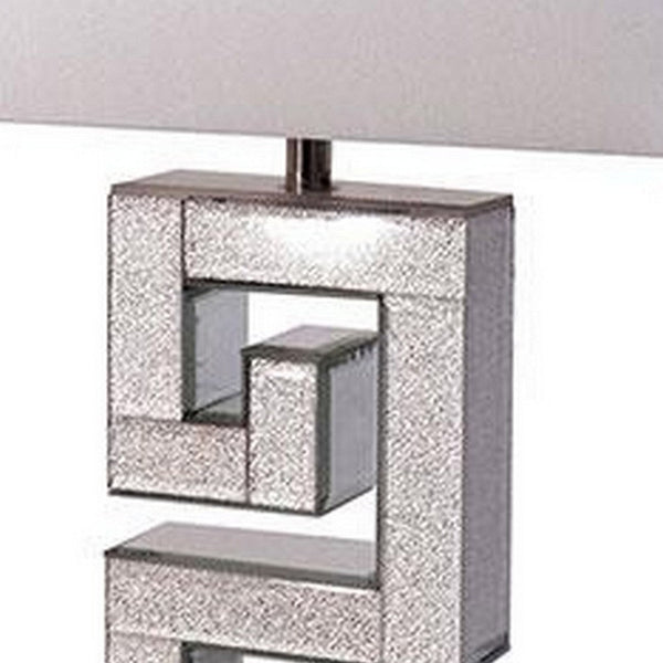 25 Inch Table Lamp, Glitter Panel, Frieze Base, Glass, Silver Metal Frame - BM311075