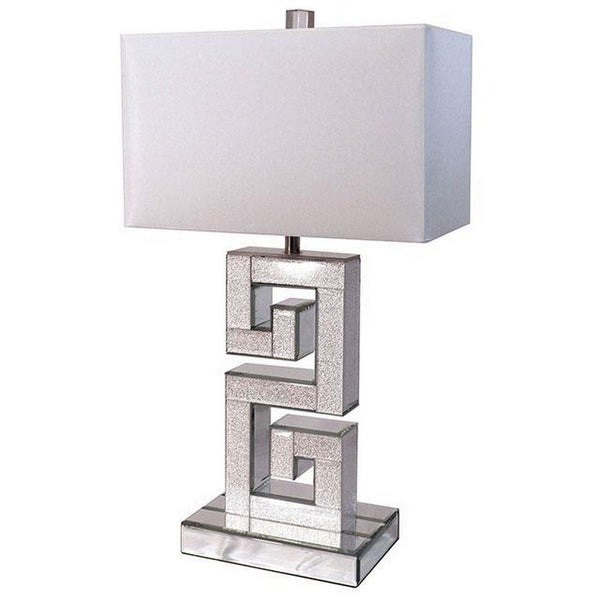 25 Inch Table Lamp, Glitter Panel, Frieze Base, Glass, Silver Metal Frame - BM311075