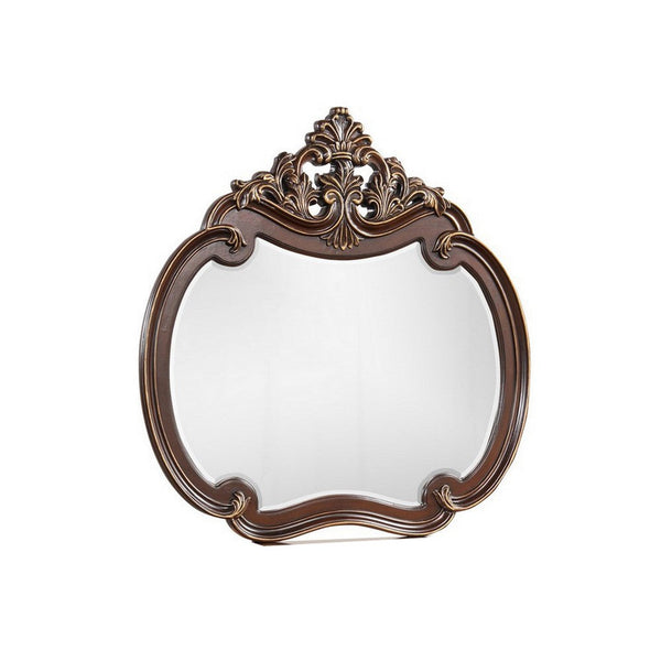 Mike 48 x 49 Buffet Mirror, Round Wood Frame Carved Crown Top, Cherry Brown - BM311120