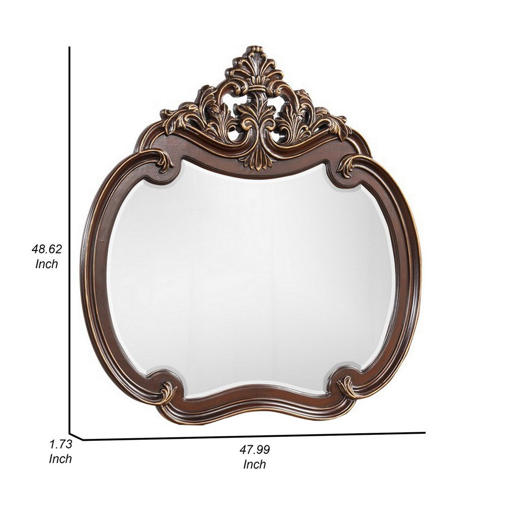 Mike 48 x 49 Buffet Mirror, Round Wood Frame Carved Crown Top, Cherry Brown - BM311120