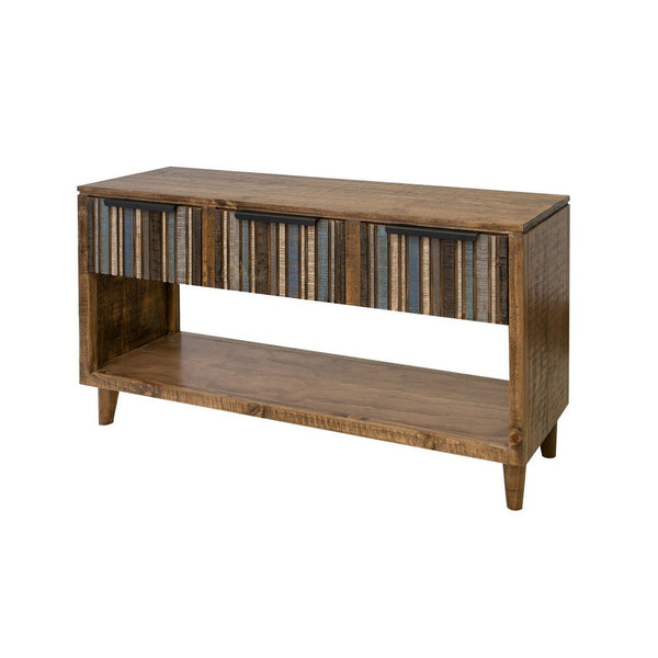 Texu 55 Inch Sofa Console Table, Pine Wood, 3 Drawers, 1 Shelf, Brown, Blue - BM311240