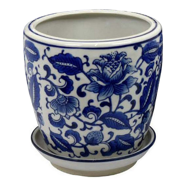 Planter With Saucer Set of 4, Vintage Blue Floral Print, White Ceramic  - BM311454