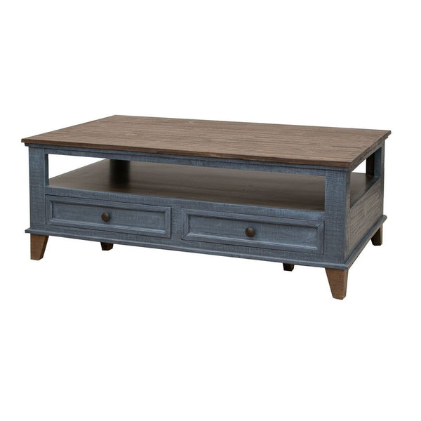 Rozy 50 Inch Coffee Table, Pine Wood, 4 Drawers, Open Shelf, Brown, Blue - BM311495