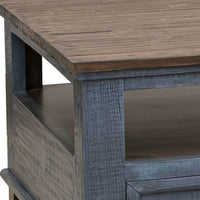Rozy 50 Inch Coffee Table, Pine Wood, 4 Drawers, Open Shelf, Brown, Blue - BM311495