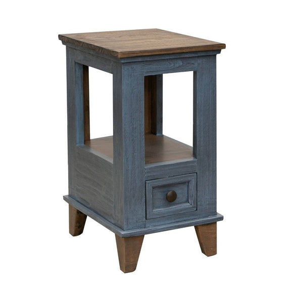 Rozy 26 Inch Chairside Table, Pine Wood, 1 Drawer, Open Shelf, Brown, Blue - BM311496