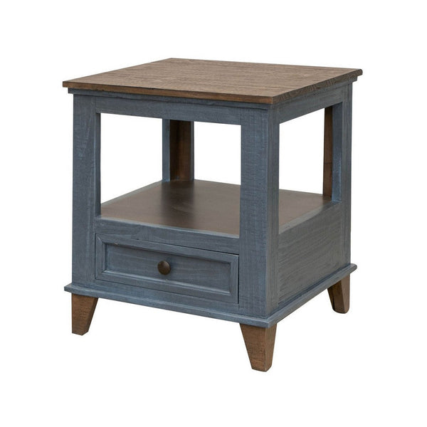 Rozy 26 Inch Side End Table, Pine Wood, 1 Drawer, Open Shelf, Brown, Blue - BM311497