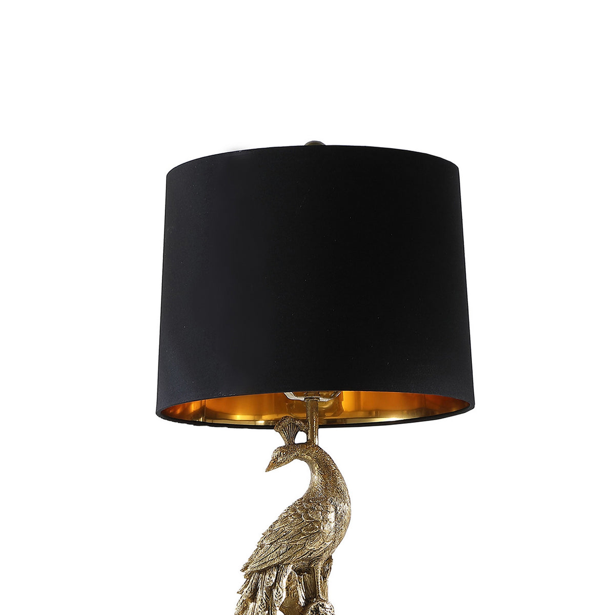 29 Inch Peacock Table Lamp, Gold Polyresin Sculpture, Black Drum Shade - BM311595