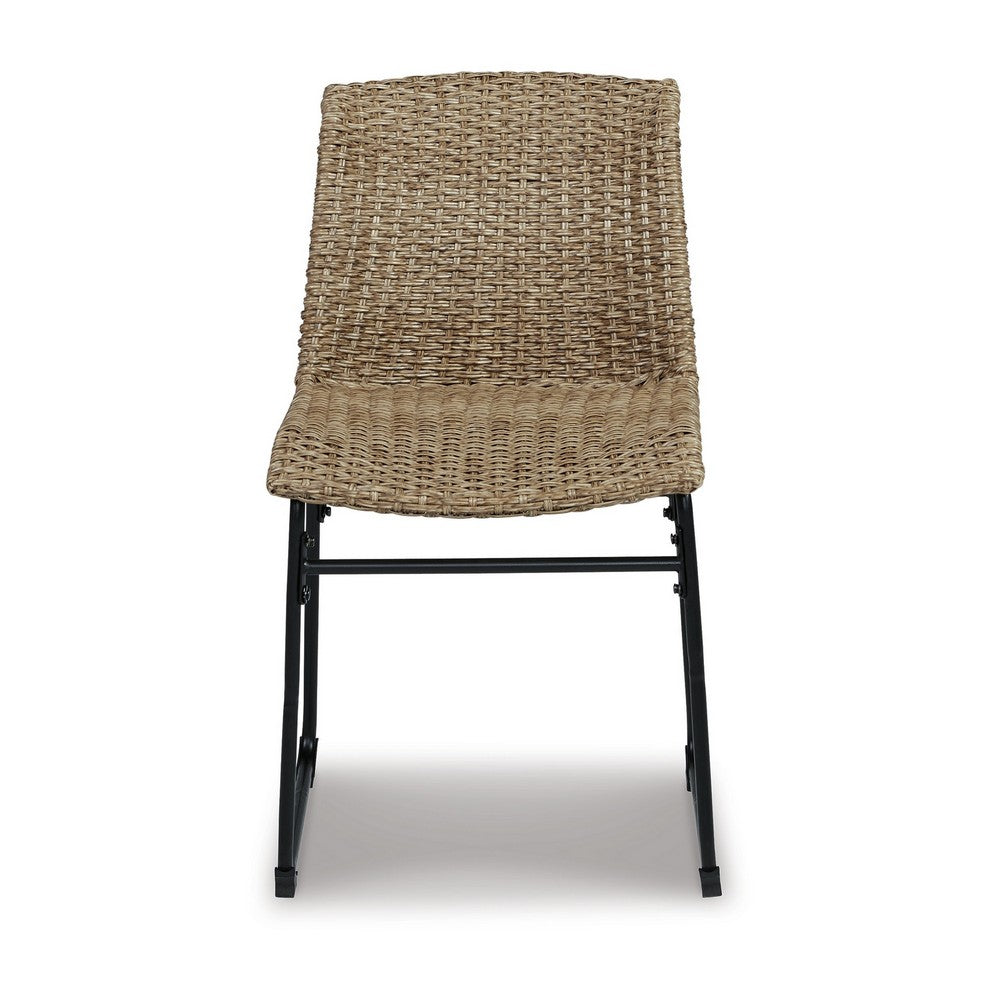 26 Inch Outdoor Dining Chair Set of 2, Black Steel Frame, Brown Wicker Seat - BM311612