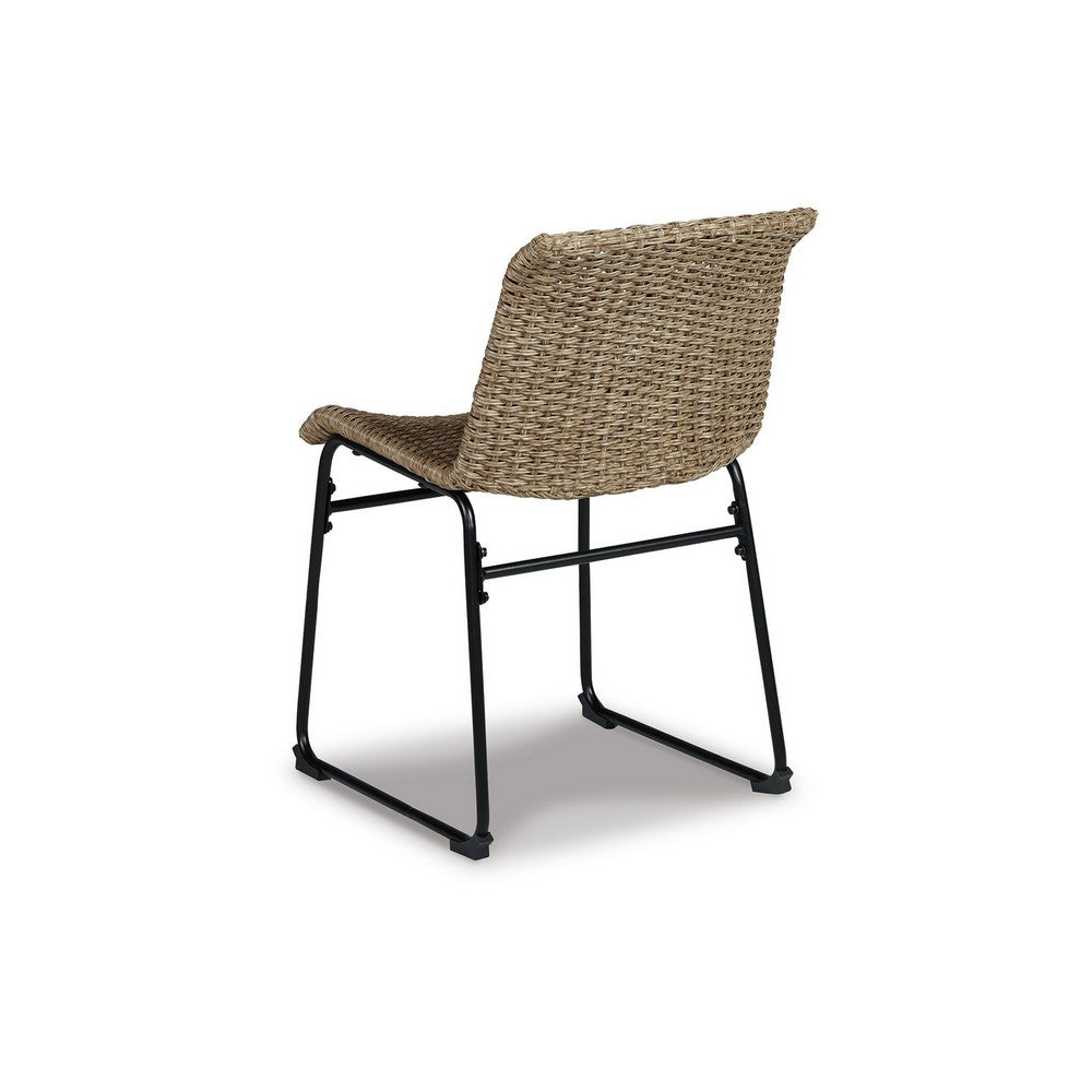 26 Inch Outdoor Dining Chair Set of 2, Black Steel Frame, Brown Wicker Seat - BM311612