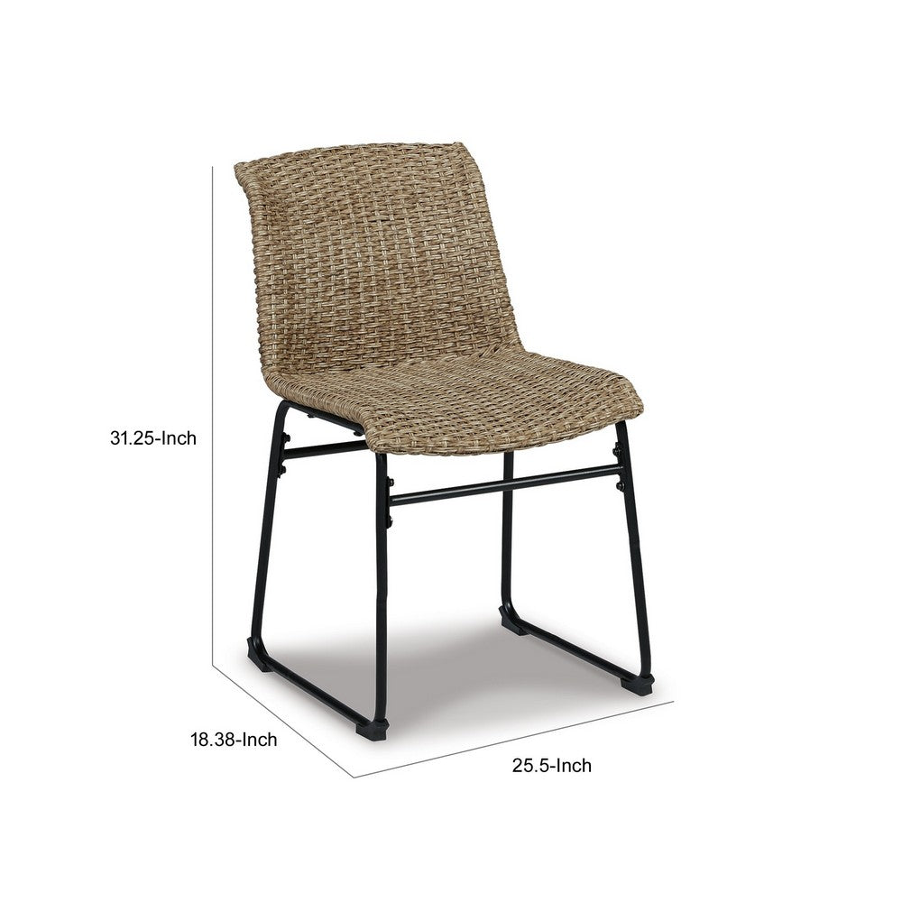 26 Inch Outdoor Dining Chair Set of 2, Black Steel Frame, Brown Wicker Seat - BM311612