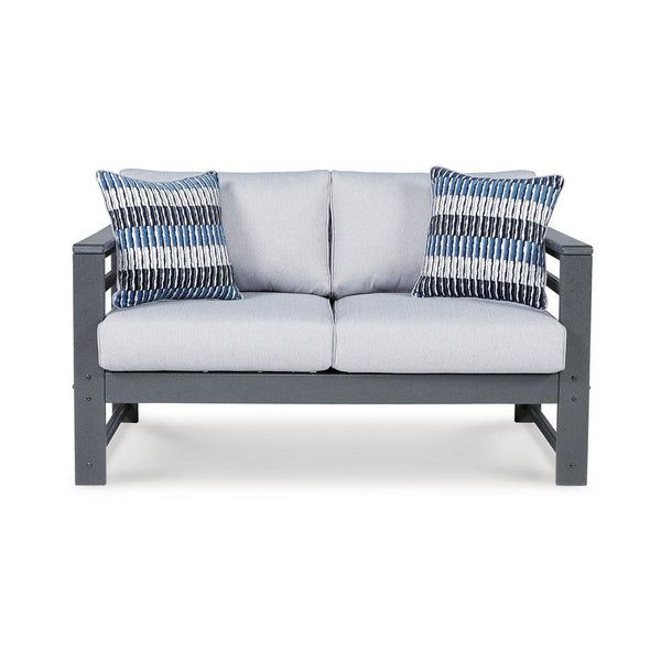 55 Inch Outdoor Loveseat, Gray Frame, Cushioned Seat, 2 Throw Pillows - BM311623