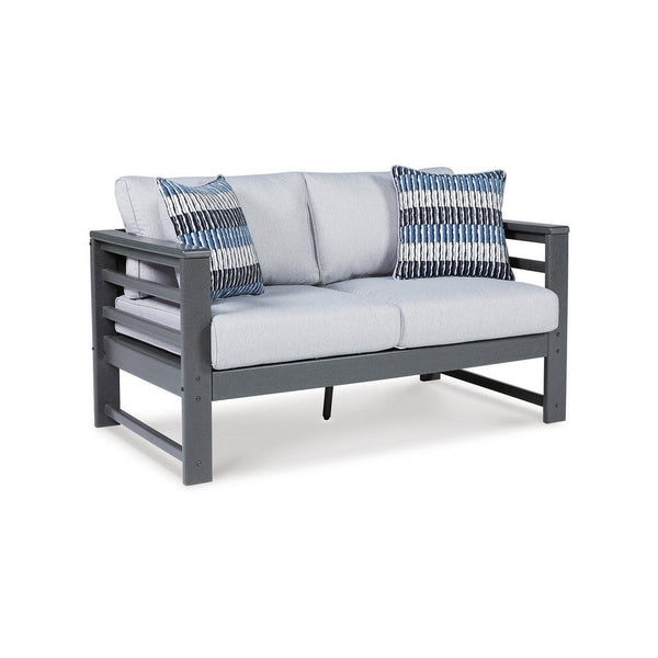 55 Inch Outdoor Loveseat, Gray Frame, Cushioned Seat, 2 Throw Pillows - BM311623